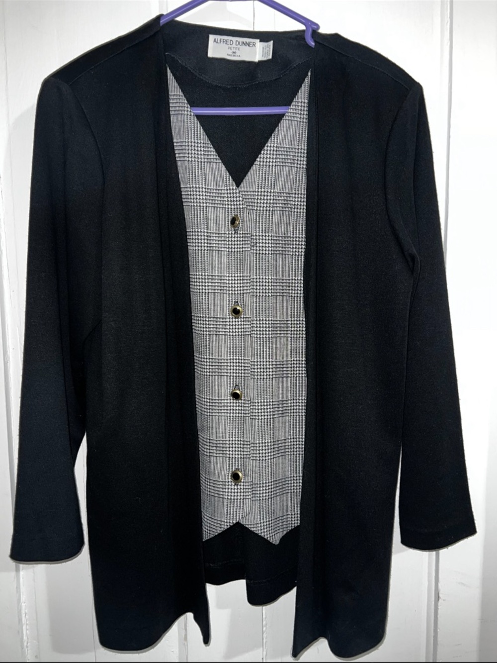 Alfred Dunner Black Open-Front Jacket with Gray Plaid Vest